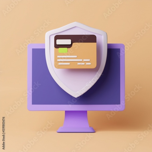 A stylized illustration of a computer monitor with a payment card and a shield, symbolizing online security and financial protection.