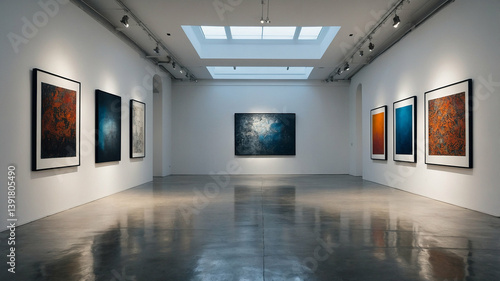 Sleek minimalist art gallery space featuring abstract paintings and skylight illumination