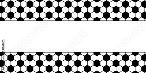 Borders with repeated black and white hexagon print. Soccer ball surface background with copyspace. Minimalistic football game pattern. Mosaic geometric texture. Vector graphic illustration.
