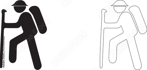 Man in hat with stick and backpack. Vector icon of tourist on hike.