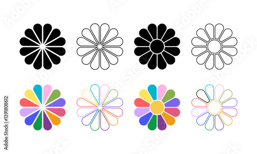 Daisy or gerbera silhouettes. Flower diagrams with 12 petals and core. Floral pie charts divided on equal segments in leaf shapes isolated on white background. Vector illustration.