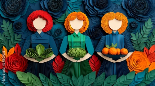 Three Women Crafting Vibrant Paper Artwork in Urban Garden Scene
