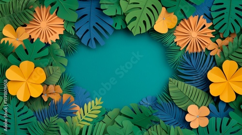 Colorful Tropical Leaves and Flowers with Soft Green and Blue Background Design