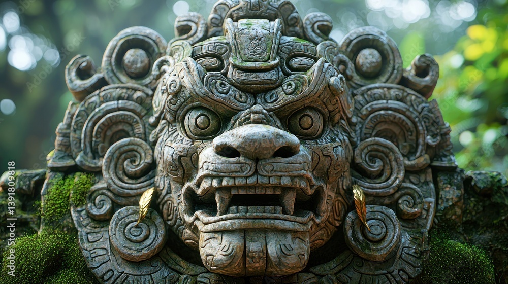 Fototapeta premium Ancient stone lion face in jungle