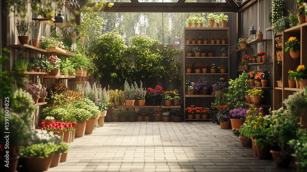 Fototapeta premium Botanical bliss: A Serene Greenhouse Filled with Potted Flowers and Plants