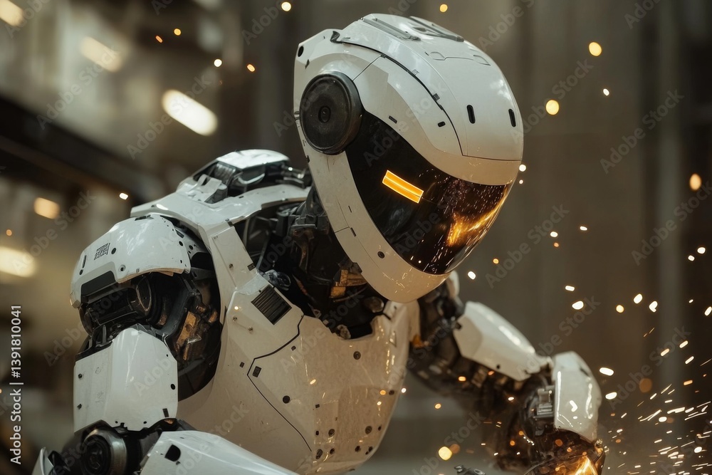 Robot working diligently in futuristic industrial environment, sparks flying around Robot working diligently in futuristic industrial environment, sparks flying around