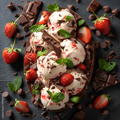 Cracked chocolate Easter egg with scoops of strawberry, mint and stracciatella ice cream inside. View from above. 