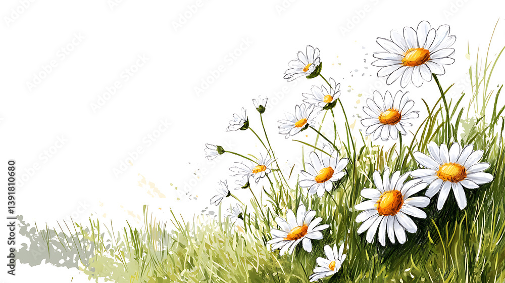Fototapeta premium A field of white daisies with green grass. Generated using AI.