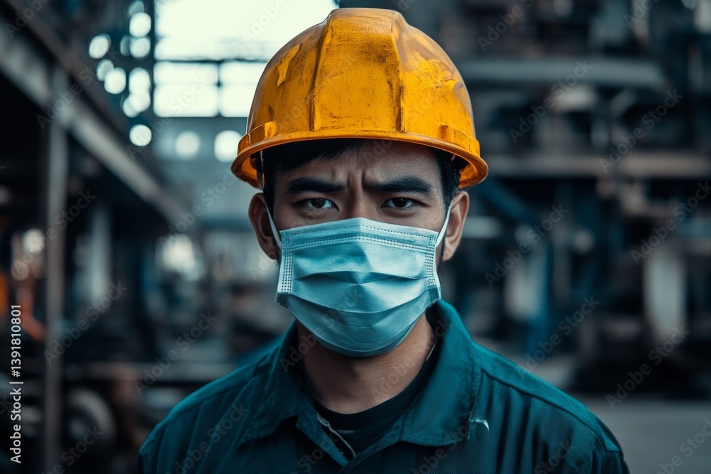 Young man worker wearing protective mask and helmet in industrial environment Young man worker wearing protective mask and helmet in industrial environment