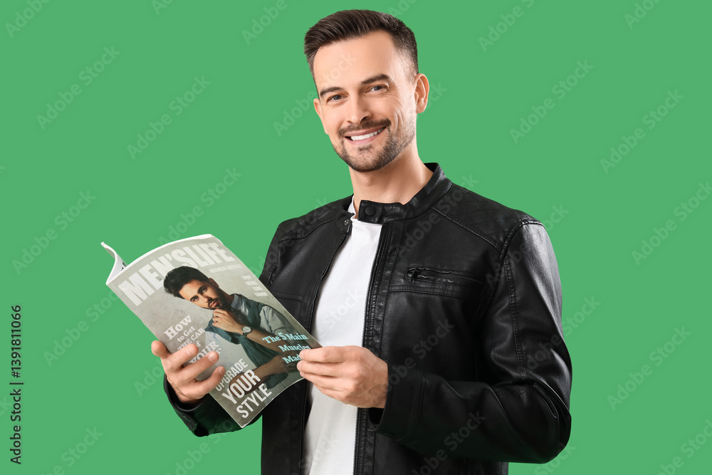Handsome man reading magazine on green background