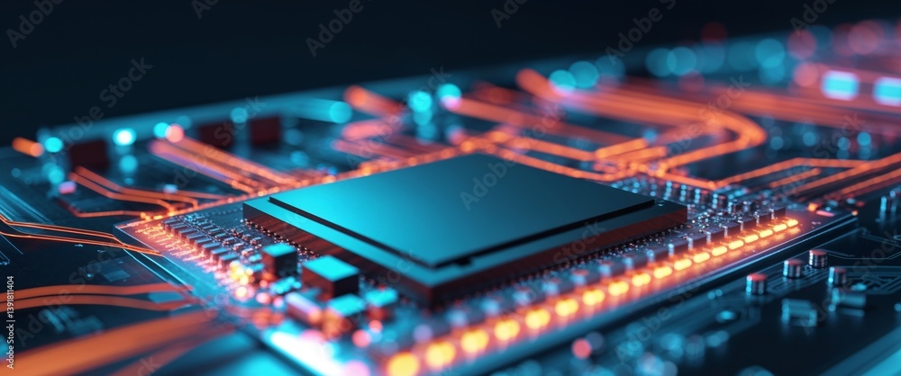 Close Up of Illuminated Circuit Board with Central Processor.