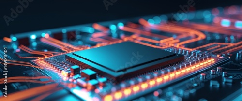 Obraz na płótnie Close Up of Illuminated Circuit Board with Central Processor. w salonie