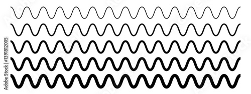 Horizontal wavy stripes with different thicknesses. Sine or cosine lines. Undulated borders. Water, fluid, air or wind symbols. River, sea, lake or ocean signs. Vector graphic illustration.
