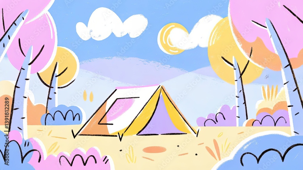 Colorful camping scene with a tent surrounded by trees Colorful camping scene with a tent surrounded by trees