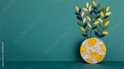 Sustainable Paper Cut Art of Vibrant Leaves in Creative Vase Against Teal Background