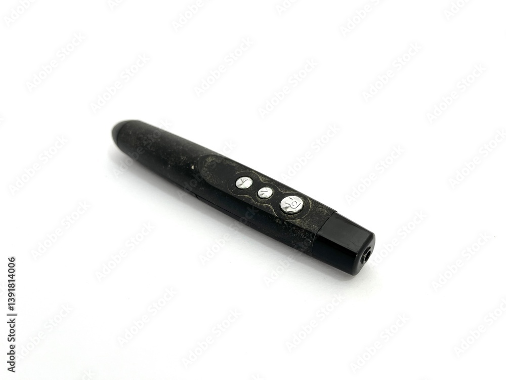 Wireless presentation remote laser pointer with buttons and sleek design. Ideal for office use, teaching, or business meetings. Compact and easy to carry. Isolated on white background Wireless presentation remote laser pointer with buttons and sleek design. Ideal for office use, teaching, or business meetings. Compact and easy to carry. Isolated on white background