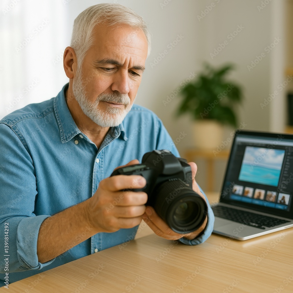Senior Man Reviewing DSLR Camera Settings with Laptop Photo Editing Senior Man Reviewing DSLR Camera Settings with Laptop Photo Editing