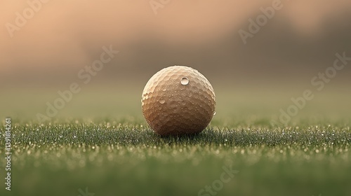 Dew Covered Golf Ball on Green Grass at Sunrise