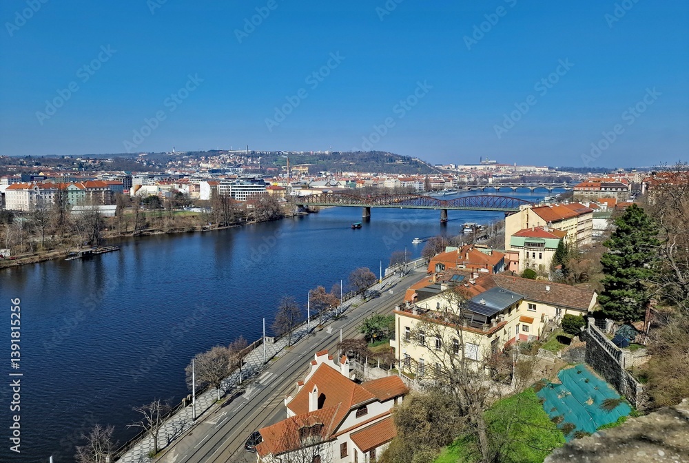 Fototapeta premium View from the walls of Vyšehrad to the city of Prague, Czech Republic, Europe.