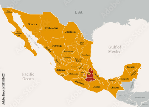 Mexico political map highlighted at Puebla state