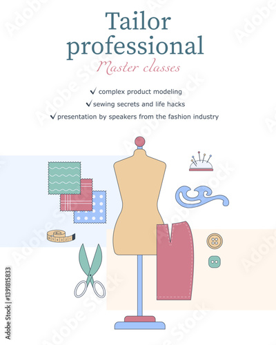 Banner on the topic Sewing clothes, tailor. Vector illustration. For tailors, studios, sewing workshops