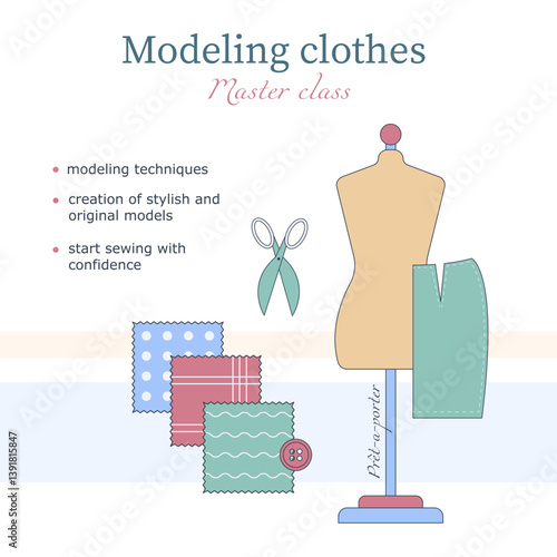 Banner on the topic Sewing clothes, tailor. Vector illustration. For tailors, studios, sewing workshops