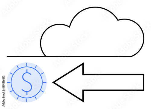 Cloud outline with backward arrow pointing at coin icon representing currency. Ideal for finance, technology, cloud computing, online payment, transactions, savings, data storage. Flat simple