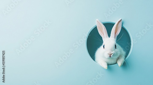 Playful whimsical rabbit peeking through circular hole in pastel blue wall captured from unique perspective made with Generative AI technology