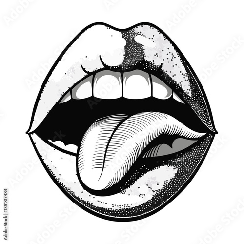 A stylized black and white illustration of an open mouth showcasing bright white teeth and a protruding tongue. The lips are bold with shading details, highlighting their fullness. 