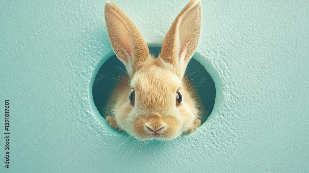 Obraz premium Whimsical rabbit peeking out from a circular hole in pastel blue wall with playful perspective made with Generative AI technology