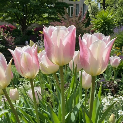 Clear weather, beautifully blooming tulips in the park