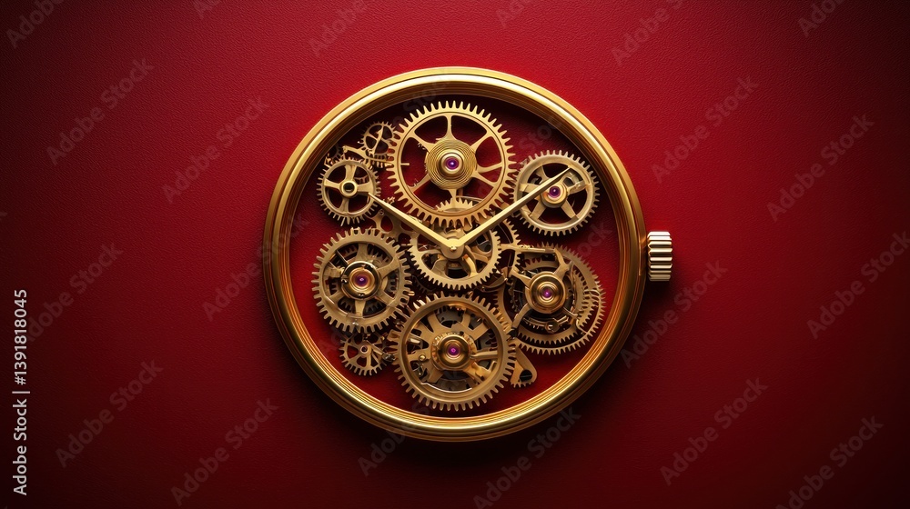 Golden watch gears on red backdrop Golden watch gears on red backdrop