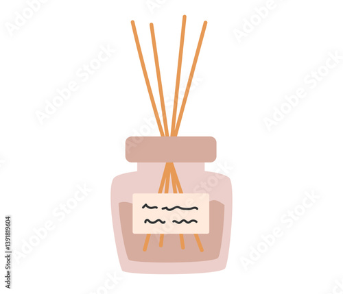 Aroma diffuser. Home fragrance with liquid perfume and wood sticks. Aromatherapy concept. Flat Vector illustration isolated on white background