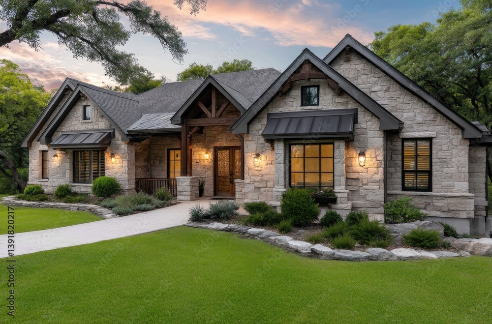 A stunning single-story home in the Texas Hill Country, with a stone exterior and wood accents, overlooking a large front yard with green grass, lit by warm lights at dusk A stunning single-story home in the Texas Hill Country, with a stone exterior and wood accents, overlooking a large front yard with green grass, lit by warm lights at dusk