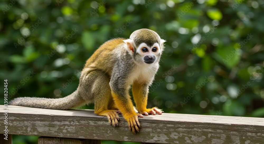 Fototapeta premium A squirrel monkey sits on a wooden railing, gazing directly at the camera, set against a blurred green foliage background.