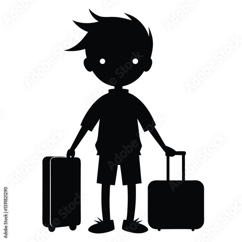 Black silhouette of a boy holding two trolley bags, one in each hand. Perfect for travel, vacation, or airport-related vector art.