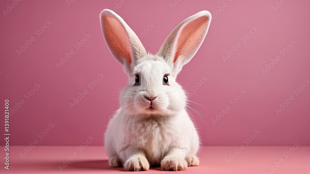 A white rabbit with large ears and wide, expressive eyes is pictured against a pink background. A white rabbit with large ears and wide, expressive eyes is pictured against a pink background.