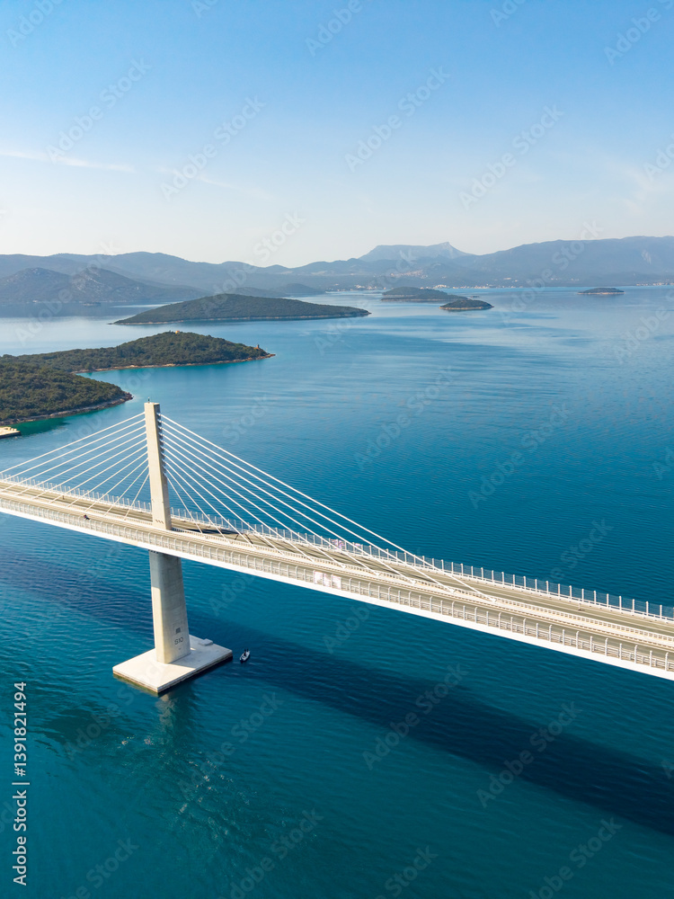 Aerial vertical view of Peljesac Bridge, Dalmatia, Croatia Aerial vertical view of Peljesac Bridge, Dalmatia, Croatia