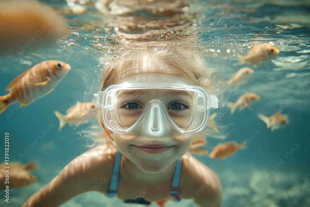 Fototapeta premium A happy girl smiles while snorkeling underwater surrounded by tropical fish. Perfect for travel brochures or summer vacation themes.
