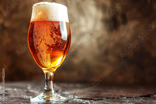 A close-up of a glass of amber beer with foam on top, showcasing bubbles and a dark, moody background.