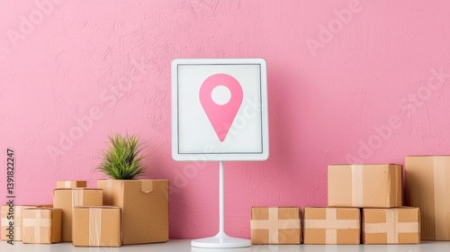 Showcasing delivery location signage for e-commerce shipping solutions in modern office environment