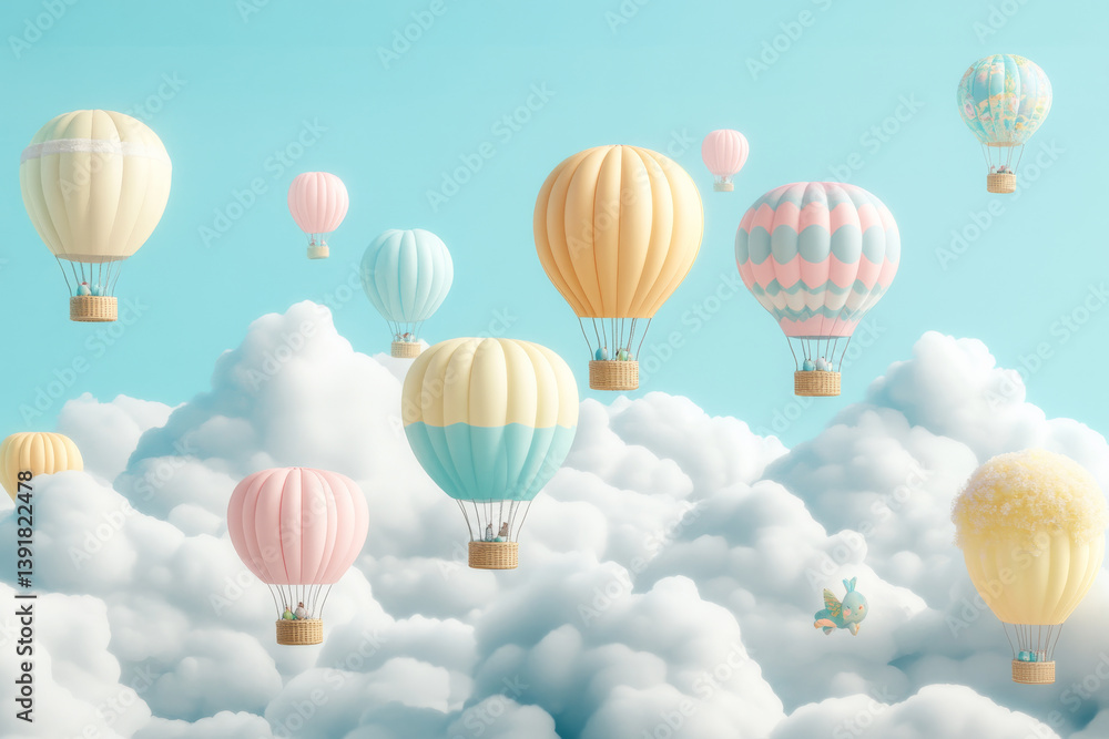 Fototapeta premium Colorful hot air balloons floating among fluffy clouds