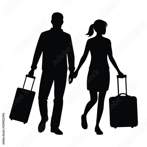 Silhouette of a couple walking side by side with rolling trolley bags. A perfect symbol for travel, adventure, or vacation themes.