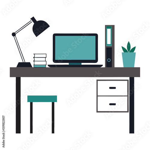 Vector illustration of a stylish workspace featuring a laptop, table lamp, books, and a beautiful flowerpot on a desk with multiple drawers and a stool.