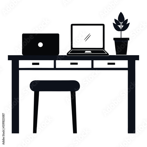 Vector illustration of a stylish workspace featuring a laptop, table lamp, books, and two beautiful flowerpots on a desk with multiple drawers and a stool.