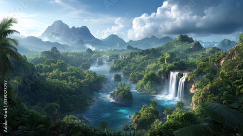 Lush tropical landscape with waterfalls