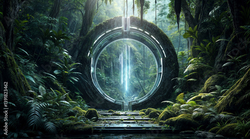 Circular Lightgreen Glowing Sci-fi large Active Portal of an alien technology into a tropical humid forest with lighting rays as background