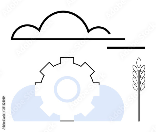 Cloud above a gear and wheat stalk beside a field combine technology with farming. Ideal for agriculture, innovation, sustainability, technology integration, farming automation, food production, flat