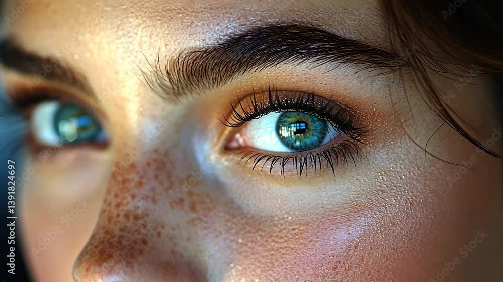 Close-up of a woman's face, showcasing her bright green eyes, freckles, and subtly defined eyebrows Close-up of a woman's face, showcasing her bright green eyes, freckles, and subtly defined eyebrows