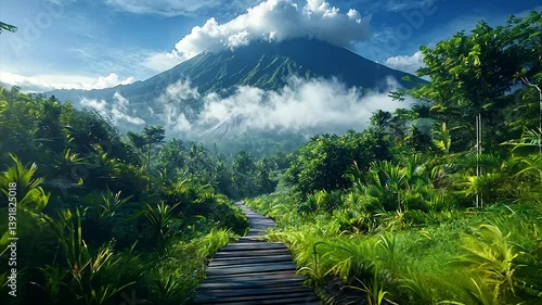 Lush jungle path leading to a majestic, cloud-shrouded volcano